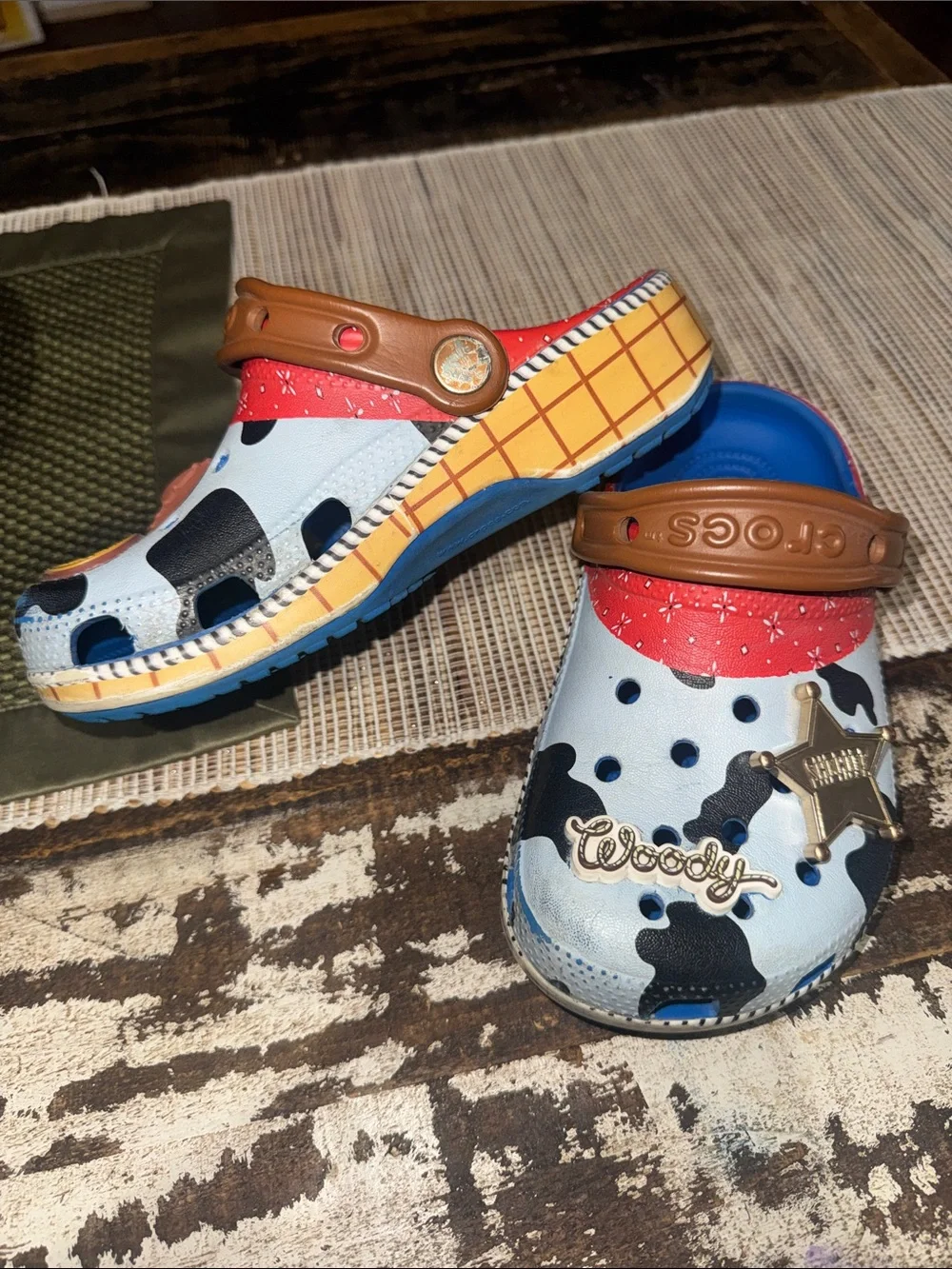 CROCS Kids Woody Toy Story with Charms - Light Blue, Red & Brown Size 1
